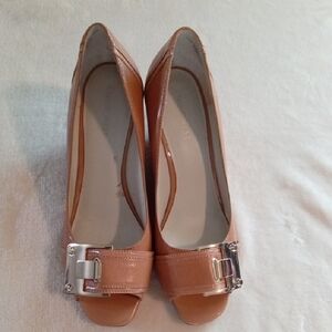 Nine West Brown Peep-Toe Heels with Silver Buckle